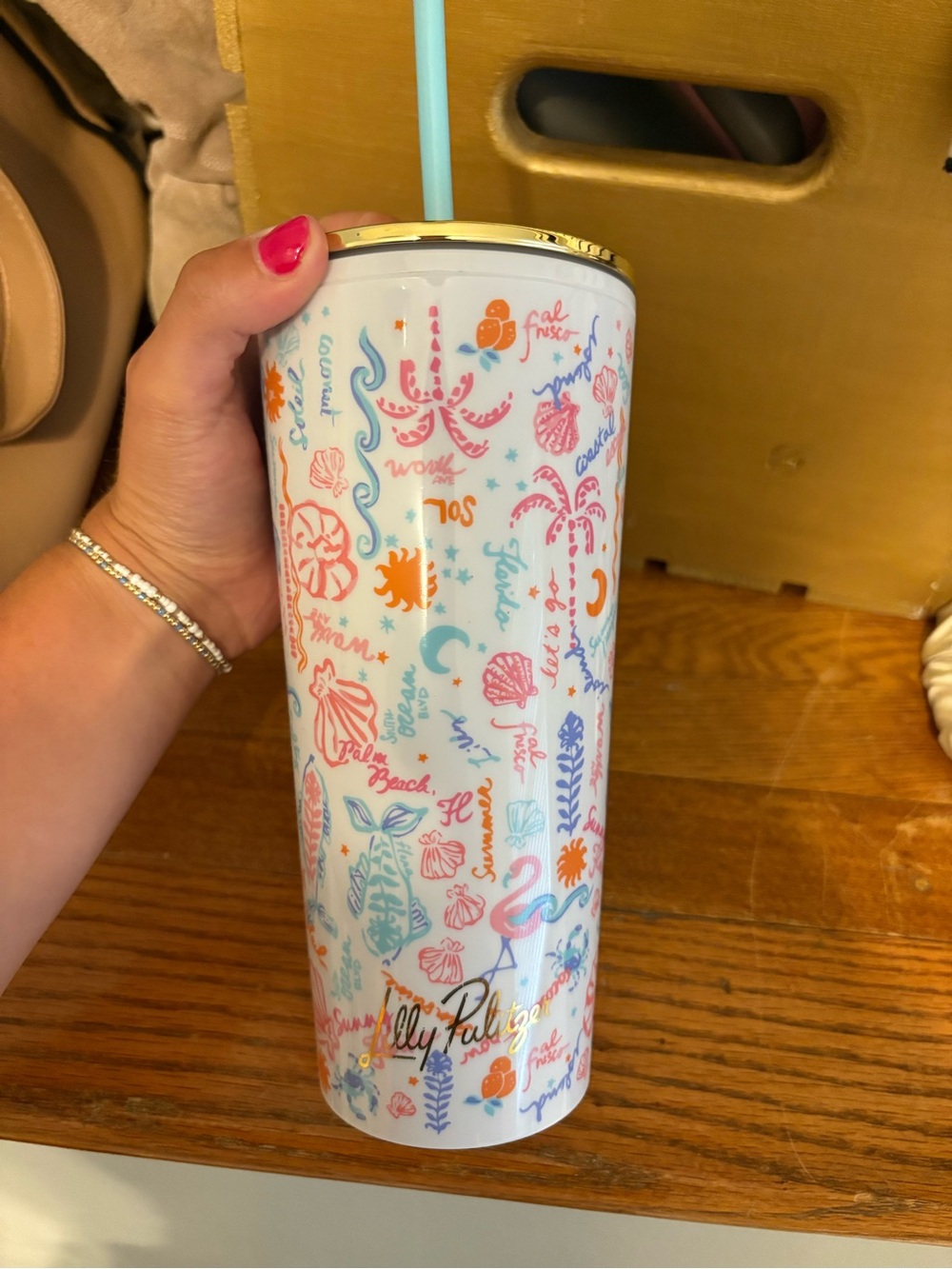 Lilly Pulitzer White Multicolor Seaside Print Tumbler with Gold Rim